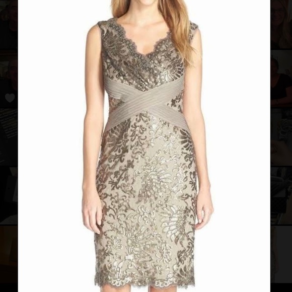 NEW‎ Tadashi Shoji Sequin Lace Sheath Dress Smoked Pearl [ SZ 14 ] - Picture 8 of 9